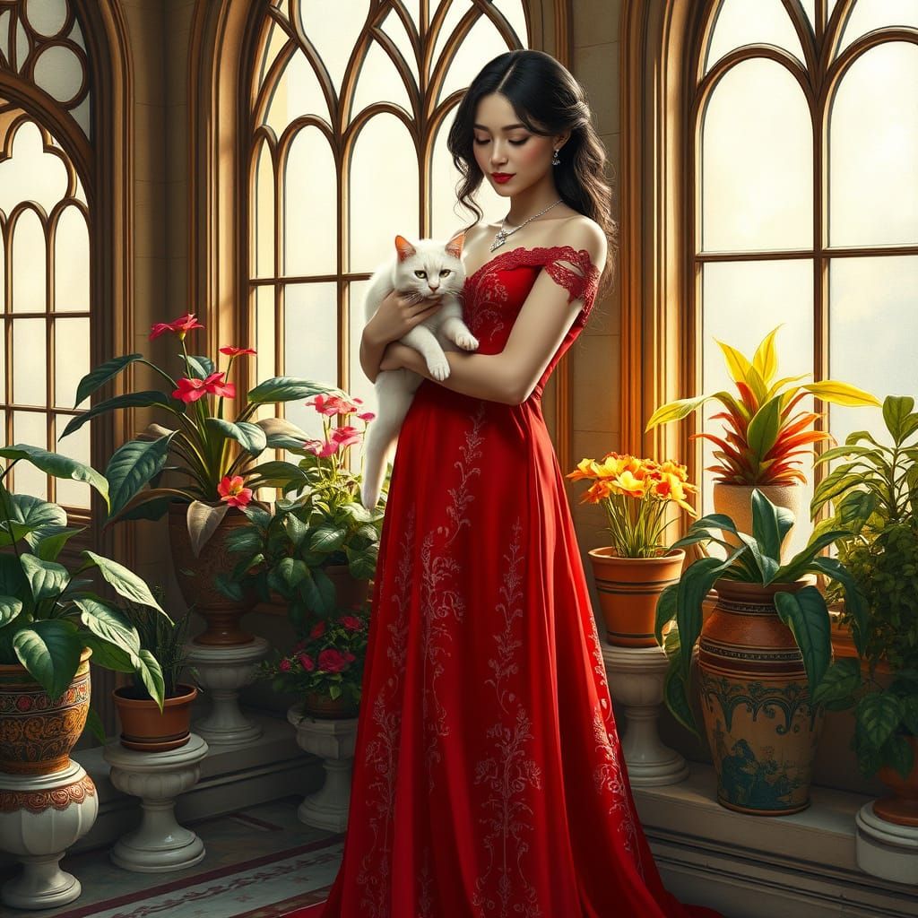 Elegant Woman in Crimson Evening Gown with Cat and Luxurious...