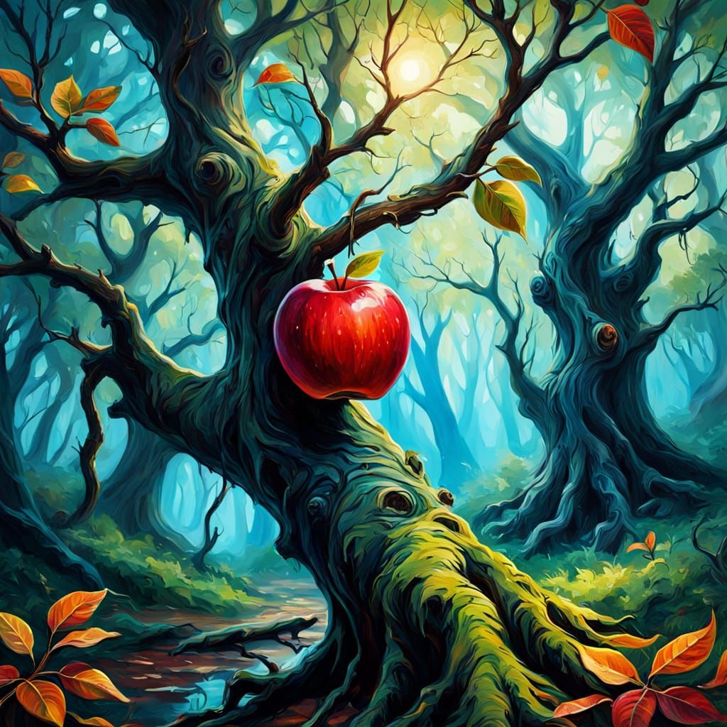 Whimsical Magic Tree with Glowing Runes and Vibrant Apple