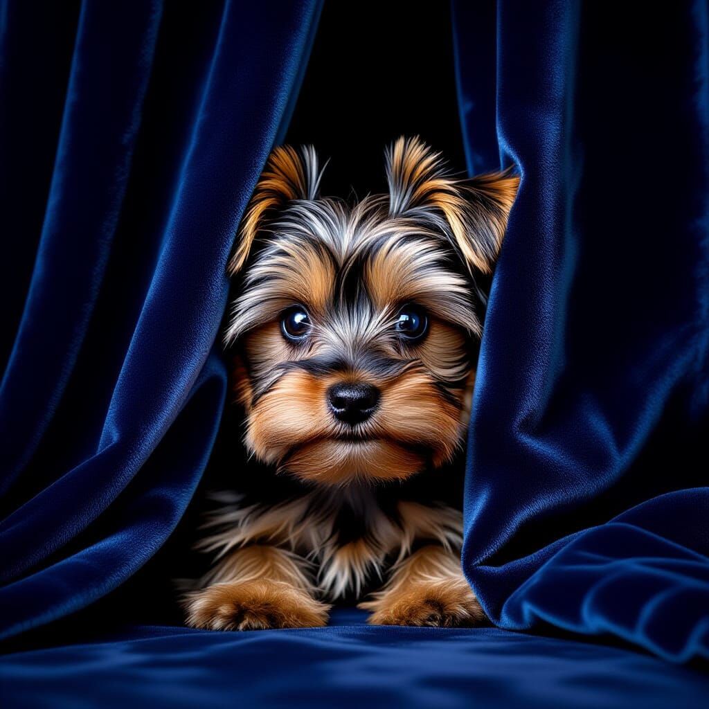 Yorkshire Terrier Puppy Peeking From Velvet Curtain