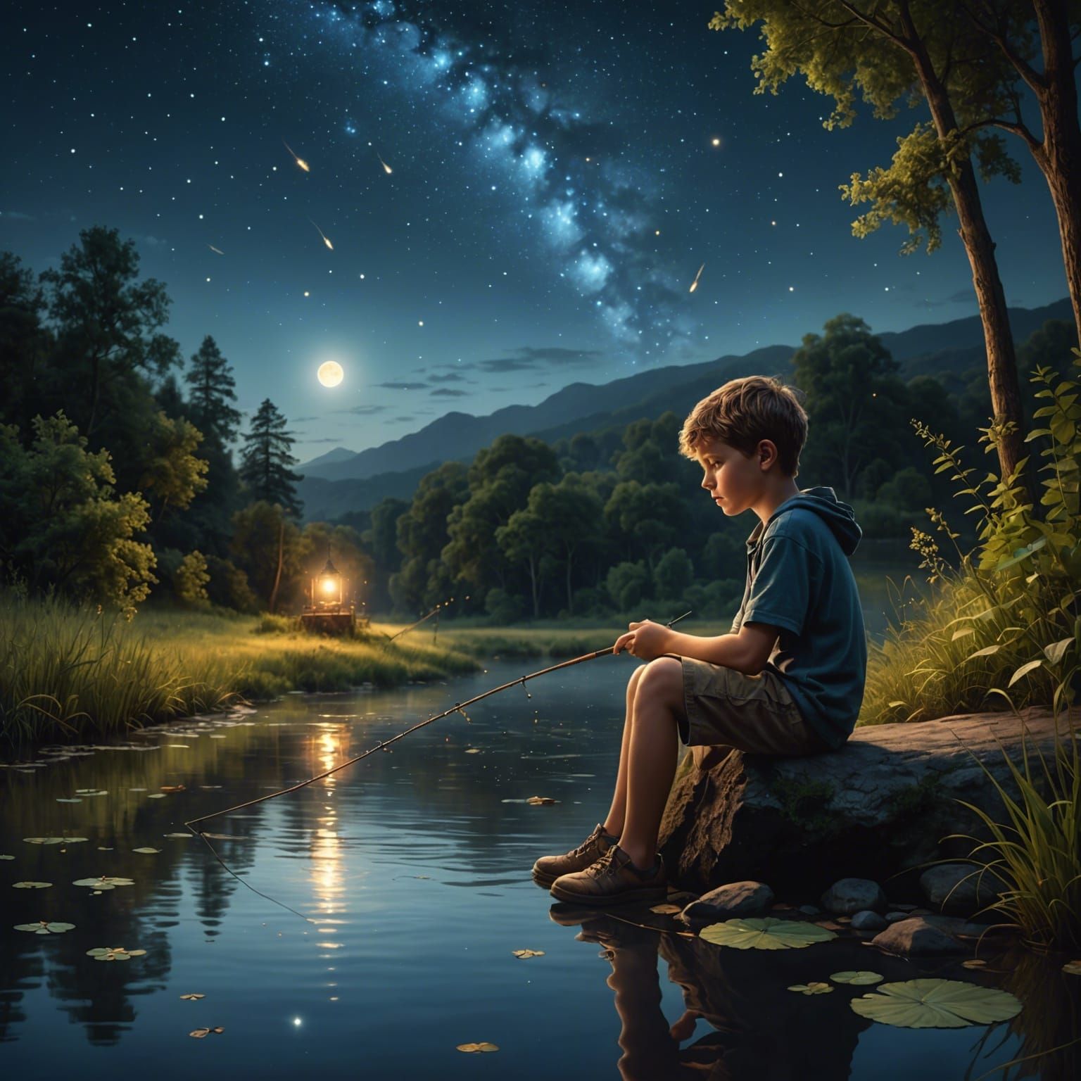 Boy Fishing at Night: Airbrushed 3D Digital Art
