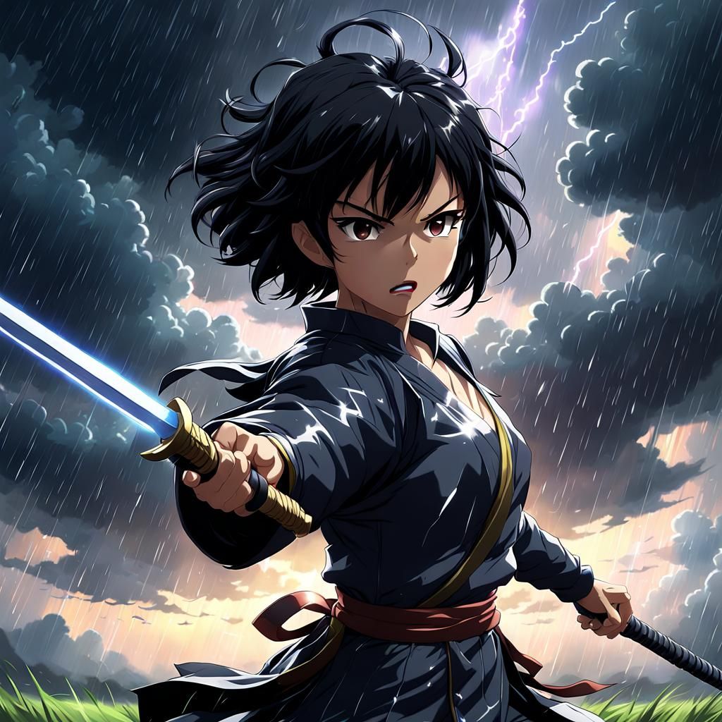Anime Swordswoman in Storm, Ghibli Style