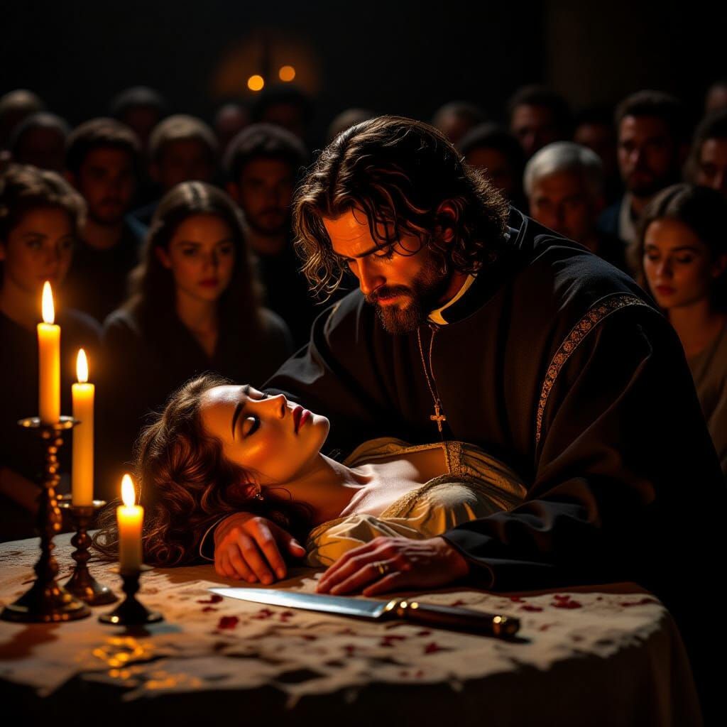 Priest's Sorrowful Sacrifice on Altar in Candlelight