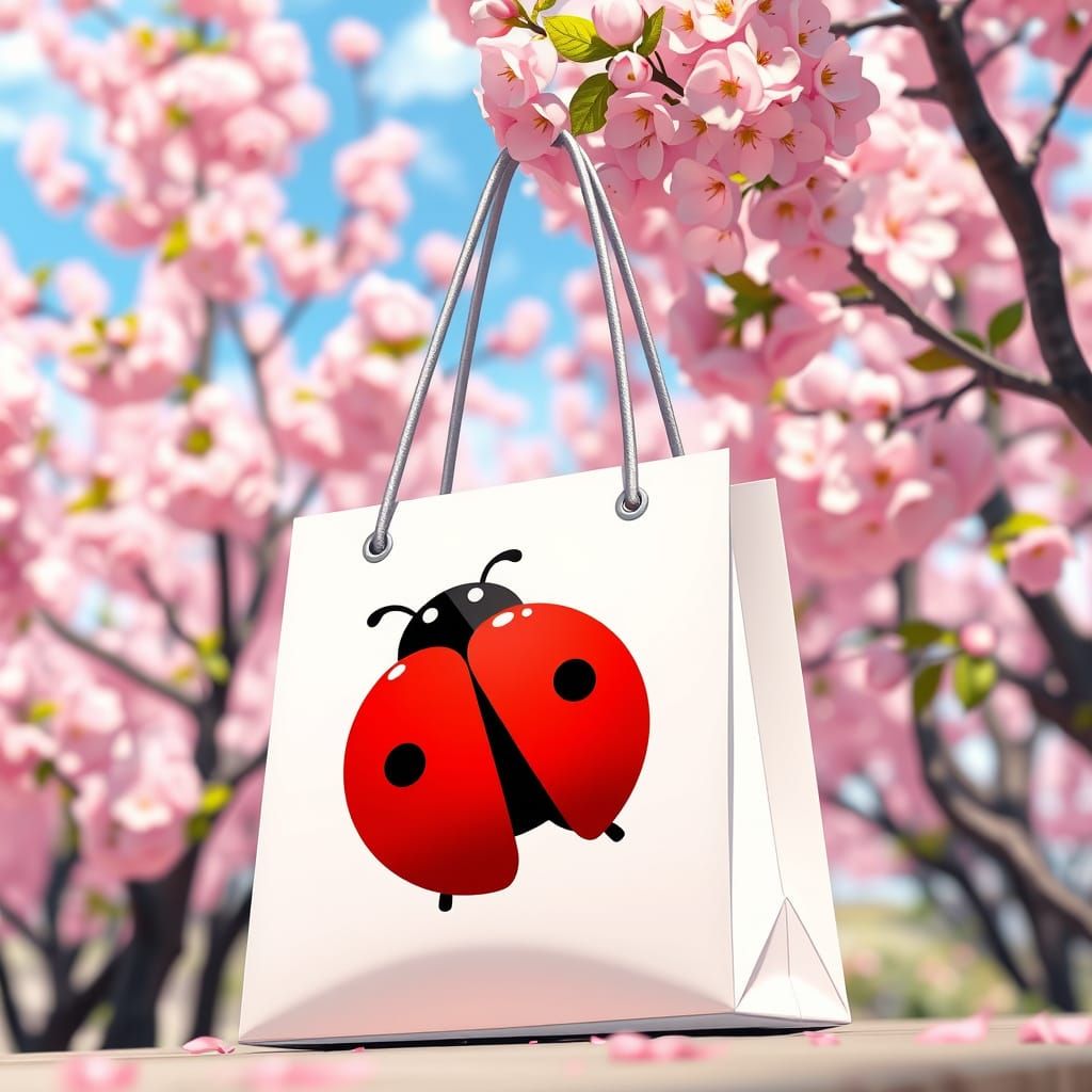 Ladybug Bag Amidst Vibrant Sakura Blooms in Anime Style