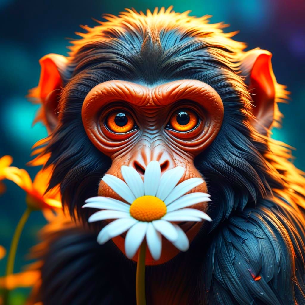 Vibrant Surreal Monkey Offers a Daisy