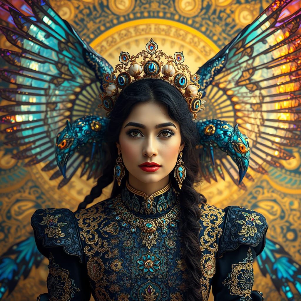 Ornate Klimt-Inspired Portrait with Winged Creatures