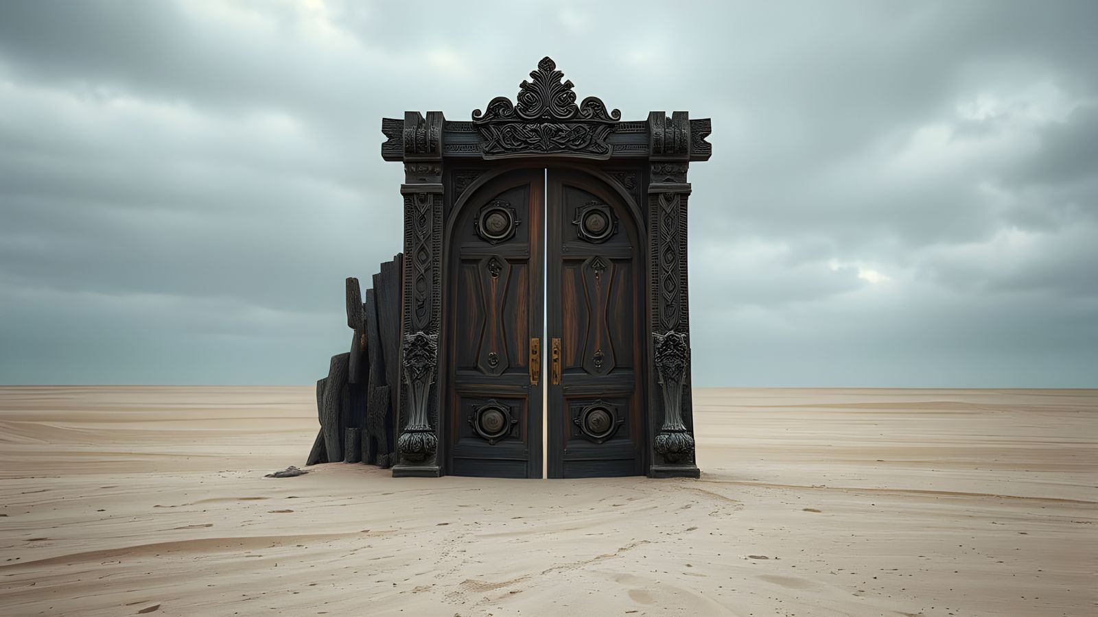 Large Wooden Door on a Sandy Beach