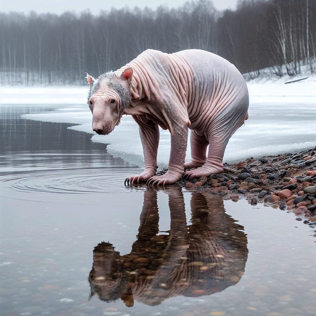 Hairless Bear Shivers by the Icy Lake