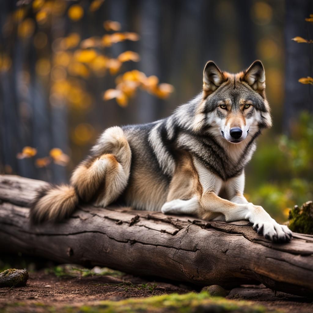 Elegant Wolf on Log: Professional Photography