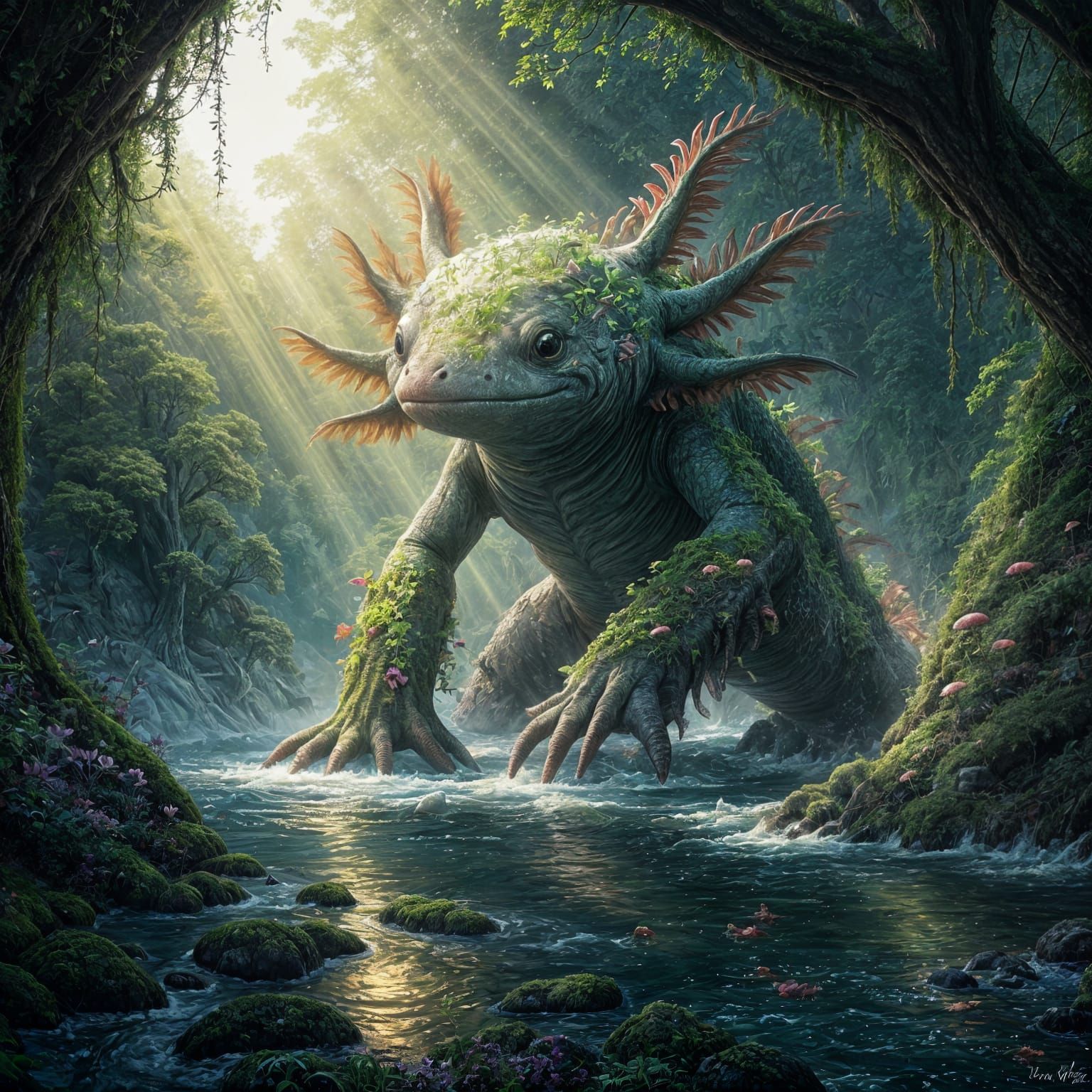 Giant Axolotl Elemental in Mossy Paradise
