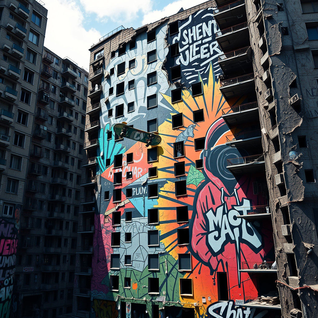Graffiti-Covered Building: Urban Street Art in Bold Colors