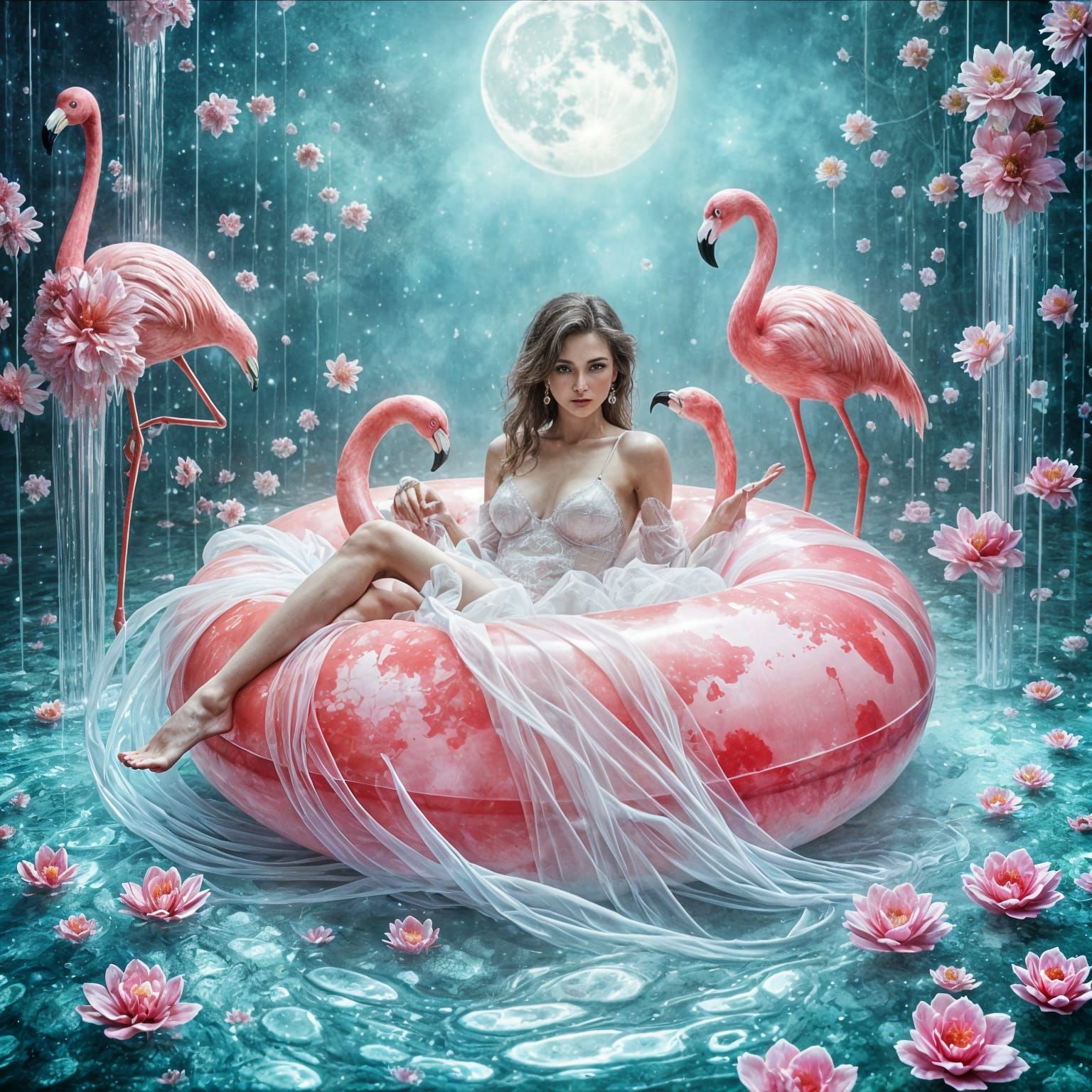 Watercolor Woman in Flamingo Tube Under Moon