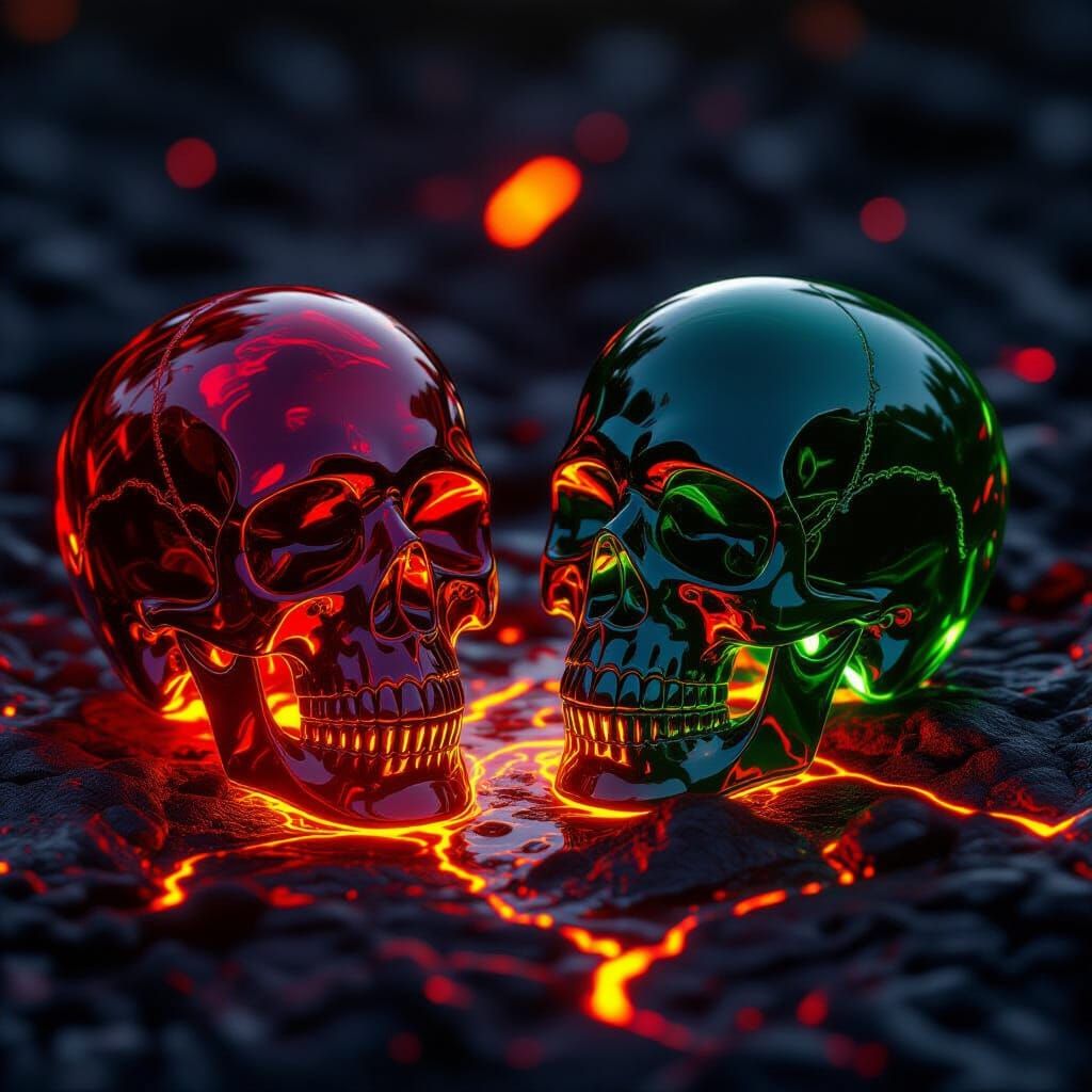 Glass Skulls Submerged in Molten Lava