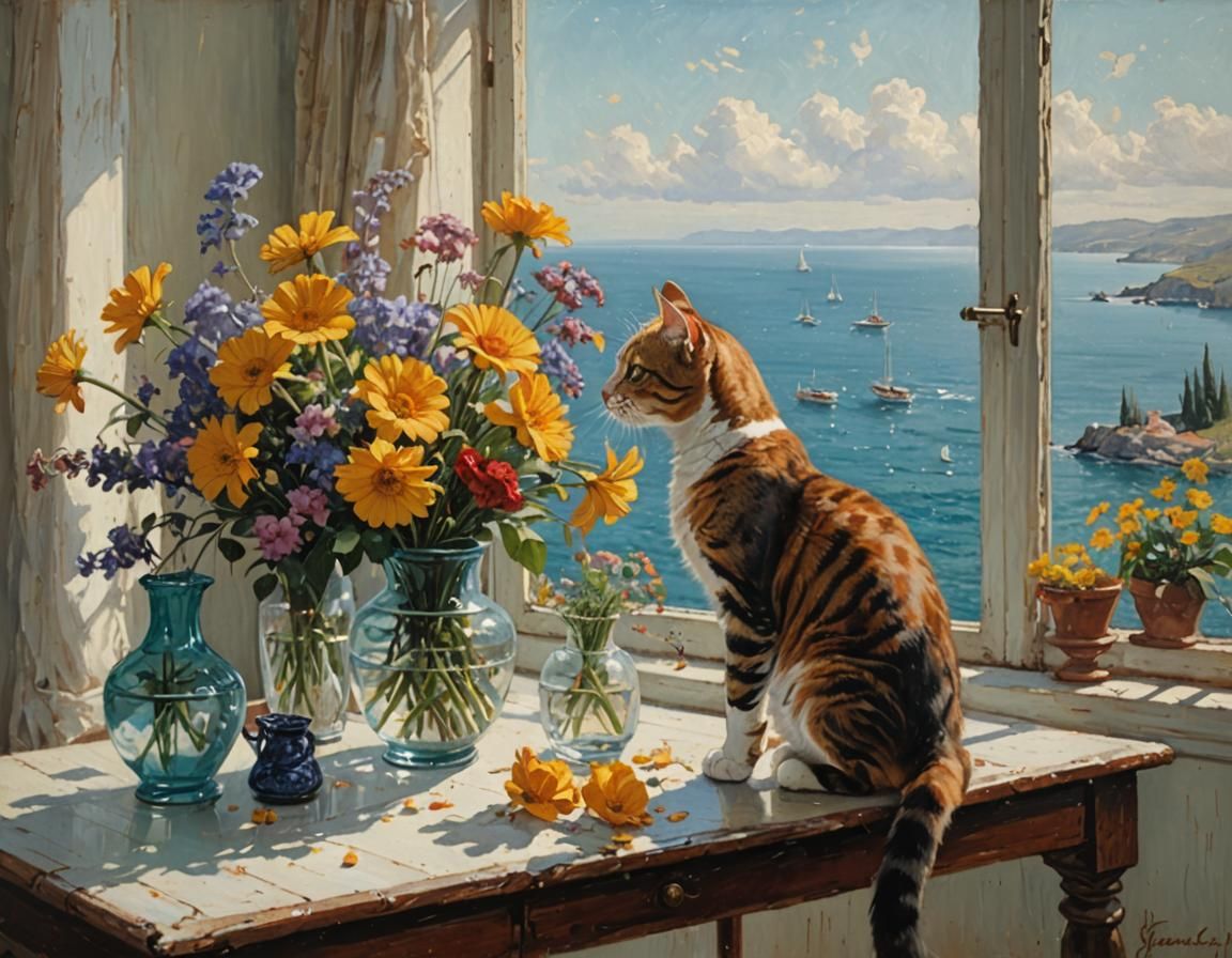 Cat Smelling Flowers by Window in Classic Oil Painting
