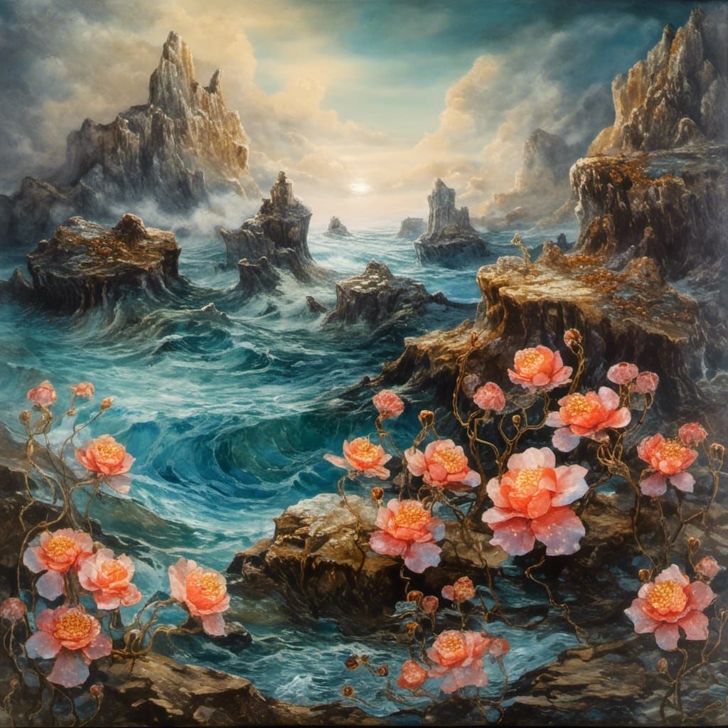 Ethereal Underwater Rose Ruins in Impasto Style
