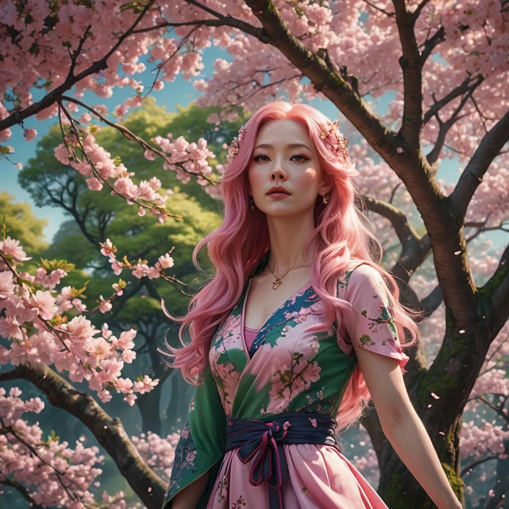 Pink-Haired Woman Under Cherry Blossom Tree