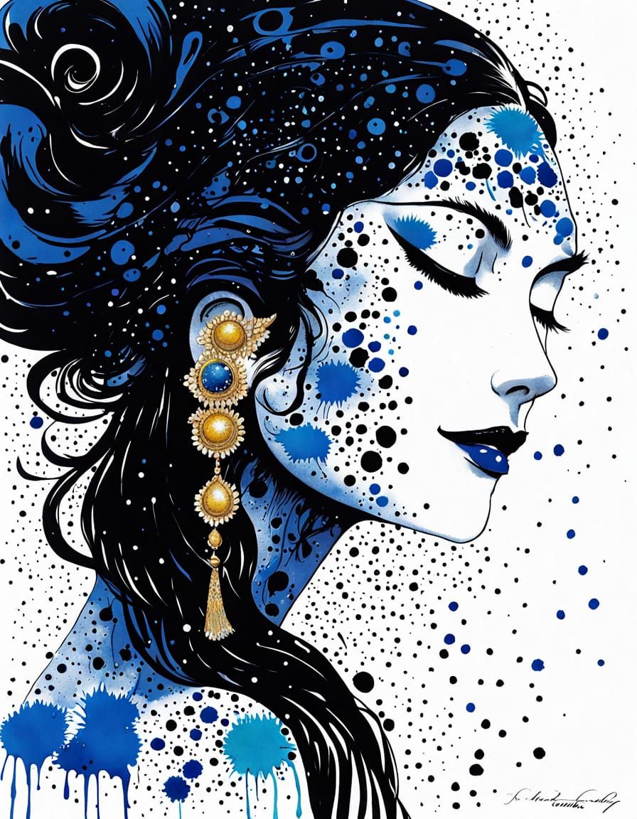 Intricate Indian Ink Portrait in Deep Gold Jewellery