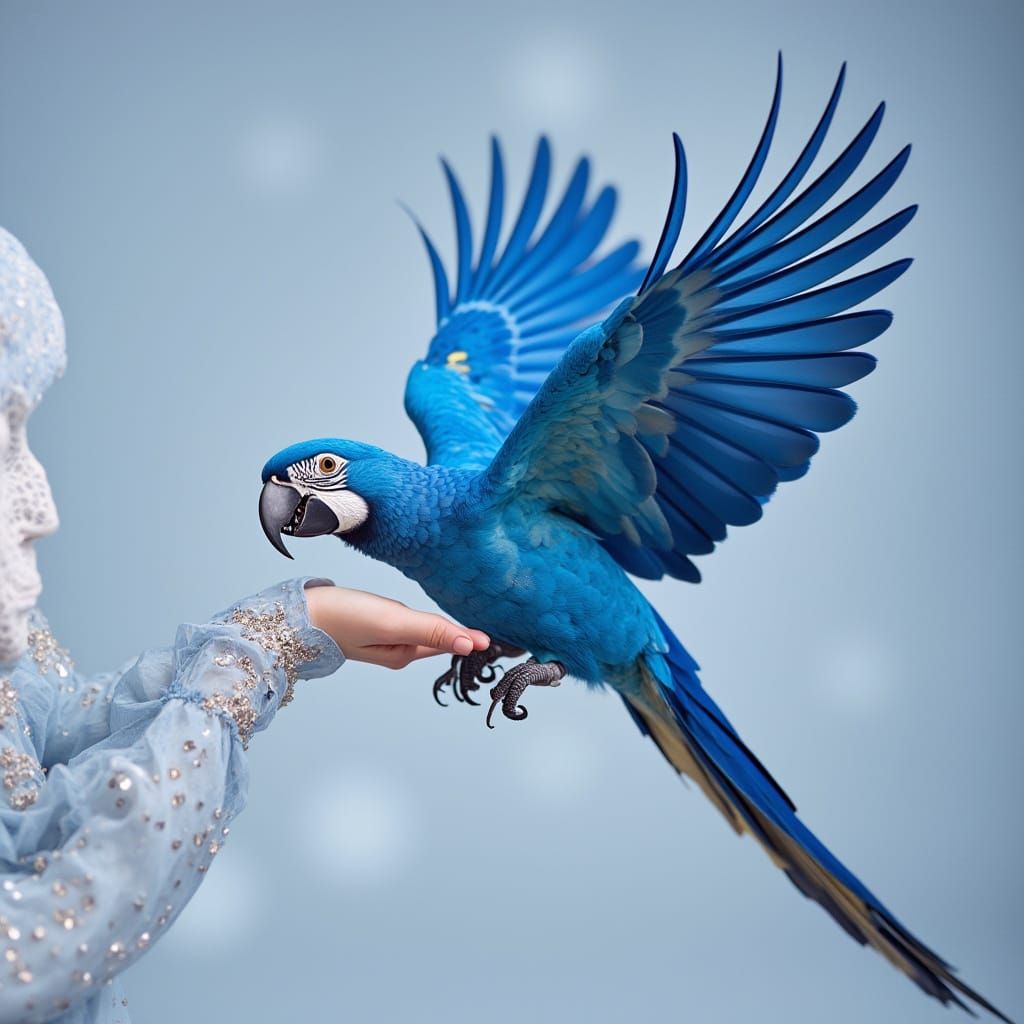 Fashion Portrait of Woman with Blue-Yellow Makeup and Parrot