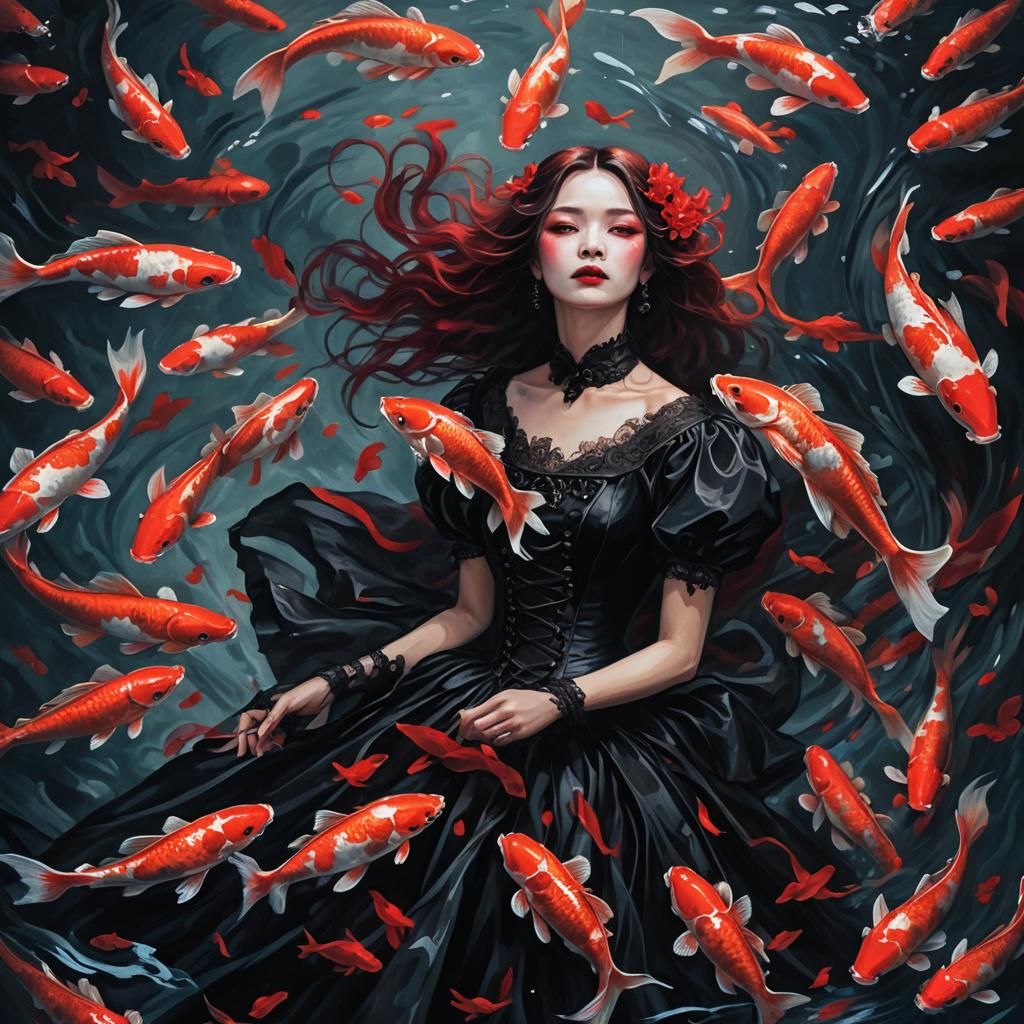 Victorian Woman Surrounded by Koi Fish, in Gothic Style