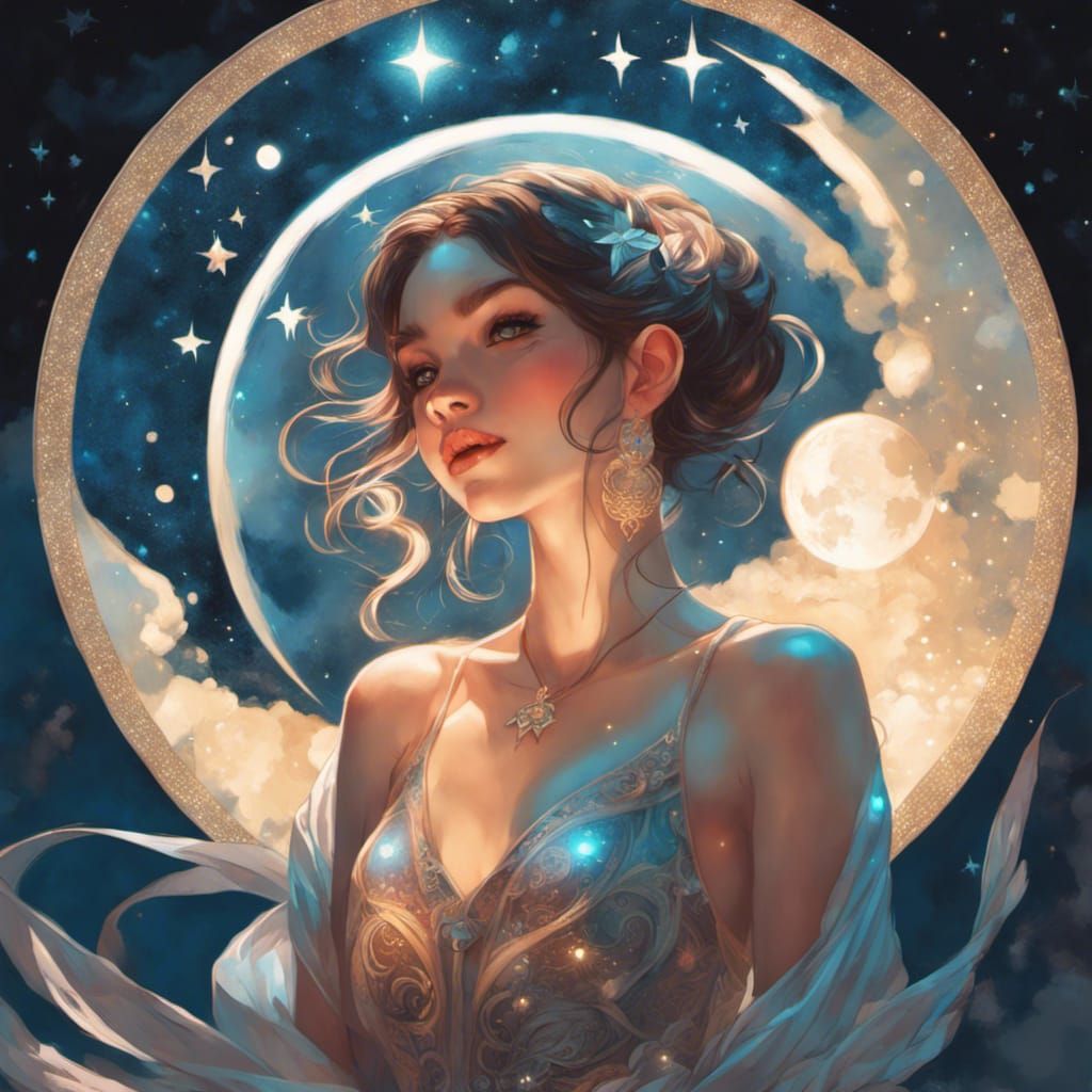 Fairy Gazing at Mandala Moon in Starry Sky