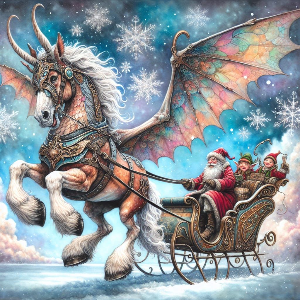 Majestic Clydesdale Dragon in Flight, Festive Winter Scene