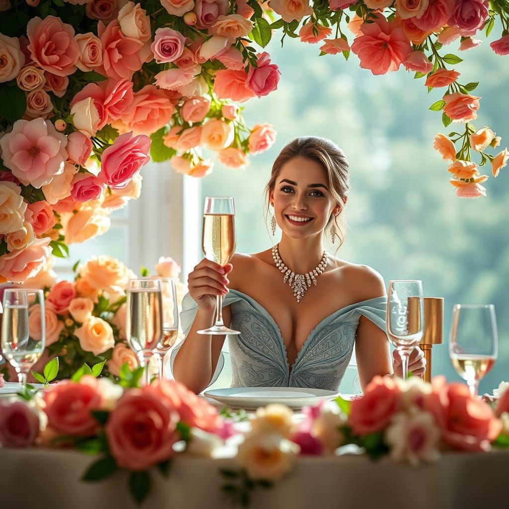 Italian Woman Surrounded by Vibrant Floral Arrangement in Lu...