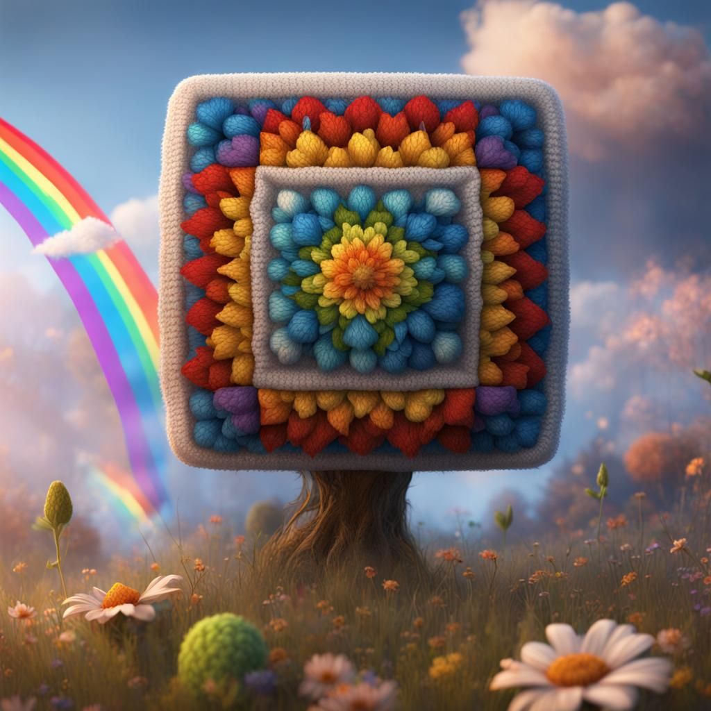 Blue Granny Square with Rainbow: Fantasy Concept Art