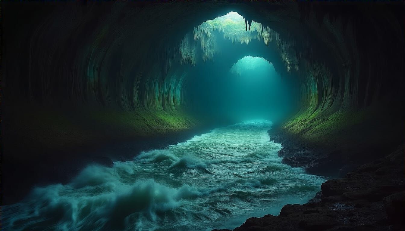 Phosphorescent Cavern River Leading to Dark Sea