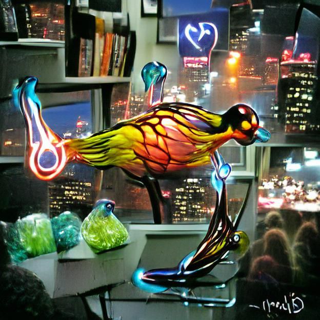 Radiant Blown Glass Bird in Neon City