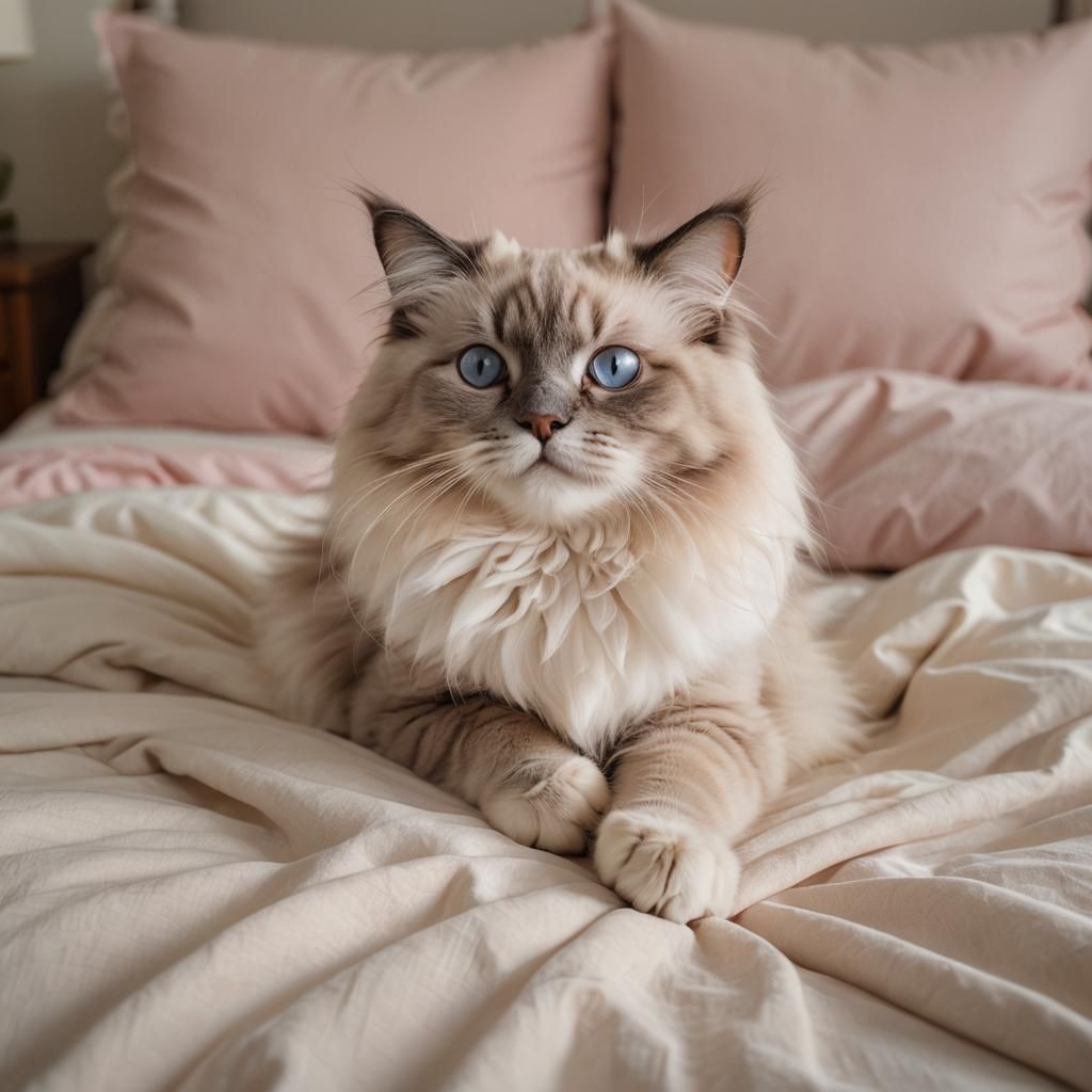 Cozy Ragdoll Cat Snuggles into Plush Bed