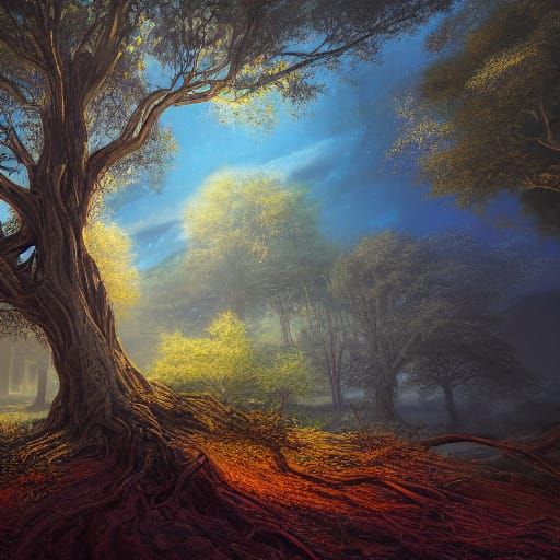 Majestic Ancient Tree in Dreamlike Landscape