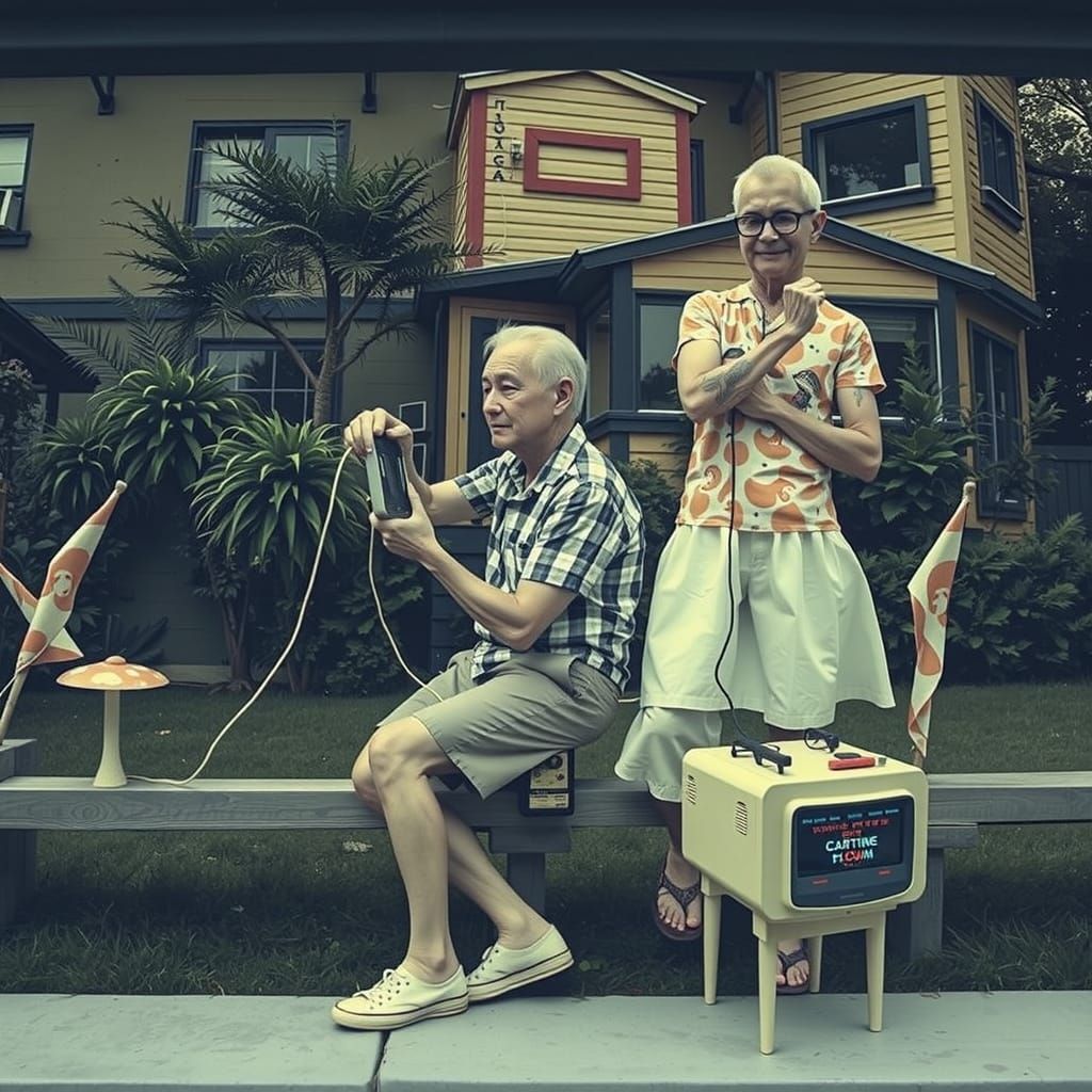 Elderly Couple Repairs Vintage Computer in Candid Photo