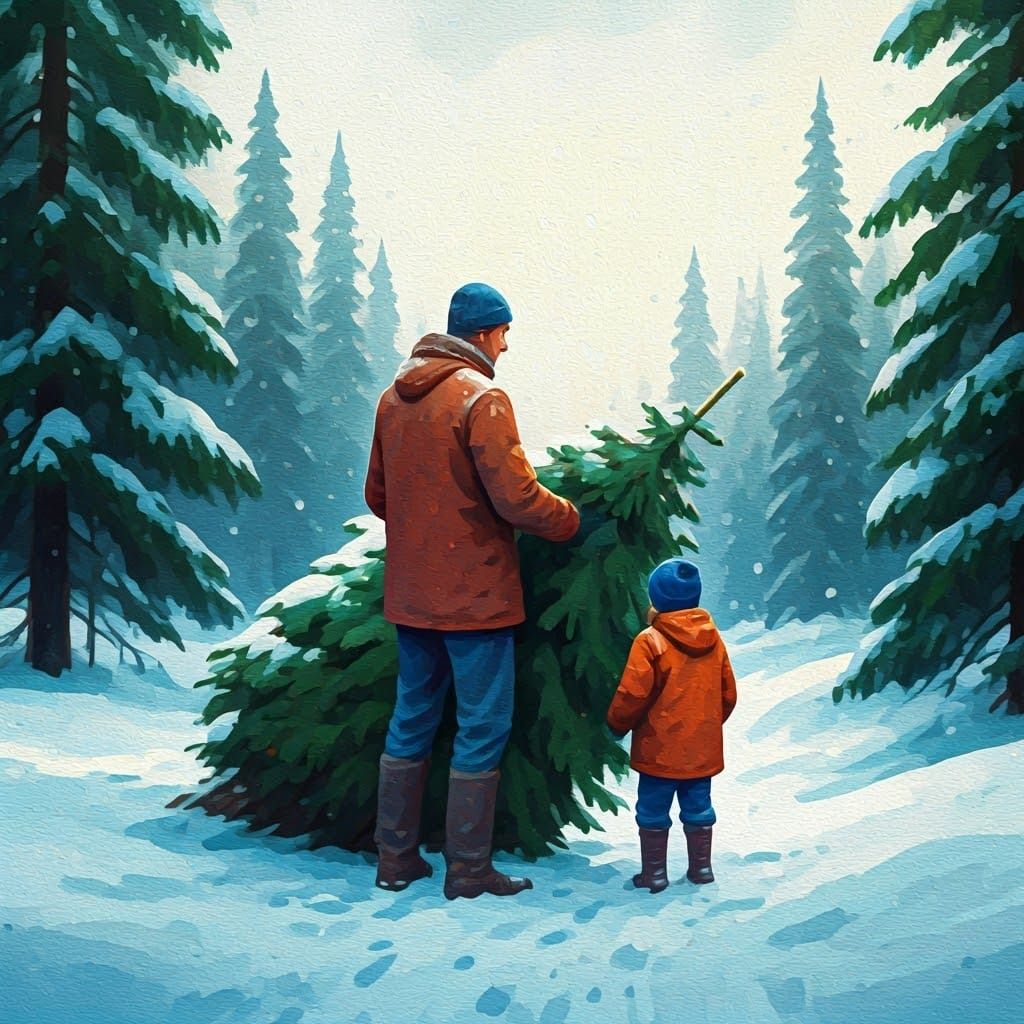 Father and Son Choose Christmas Tree: Gouache Watercolor