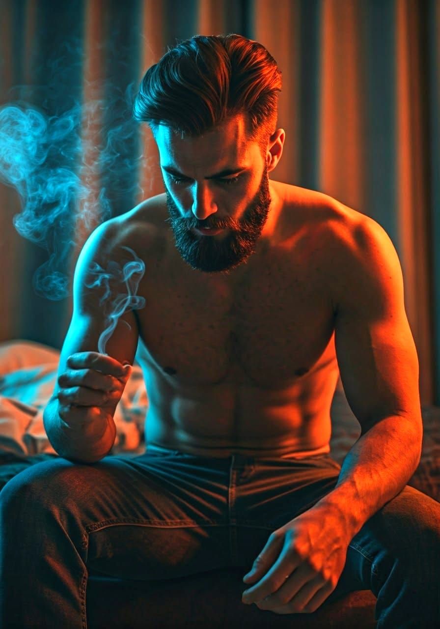 Mysterious, Moody Portrait of a Brooding Man in Smoky Ambian...