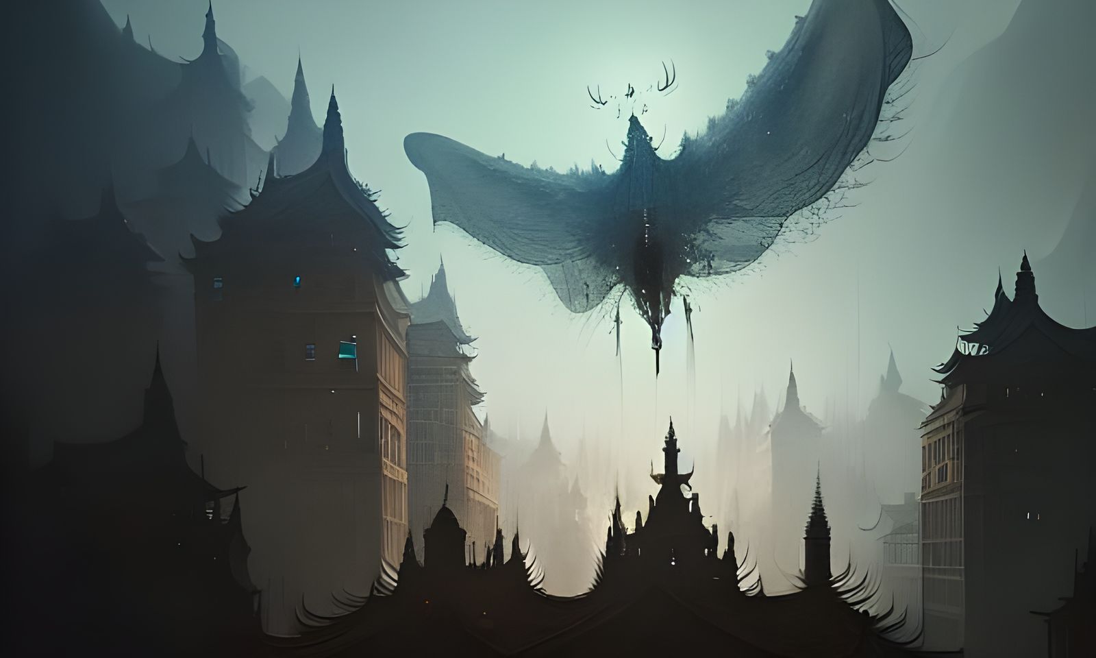 Ghostly Figure Over City Mountains: Fantasy Art