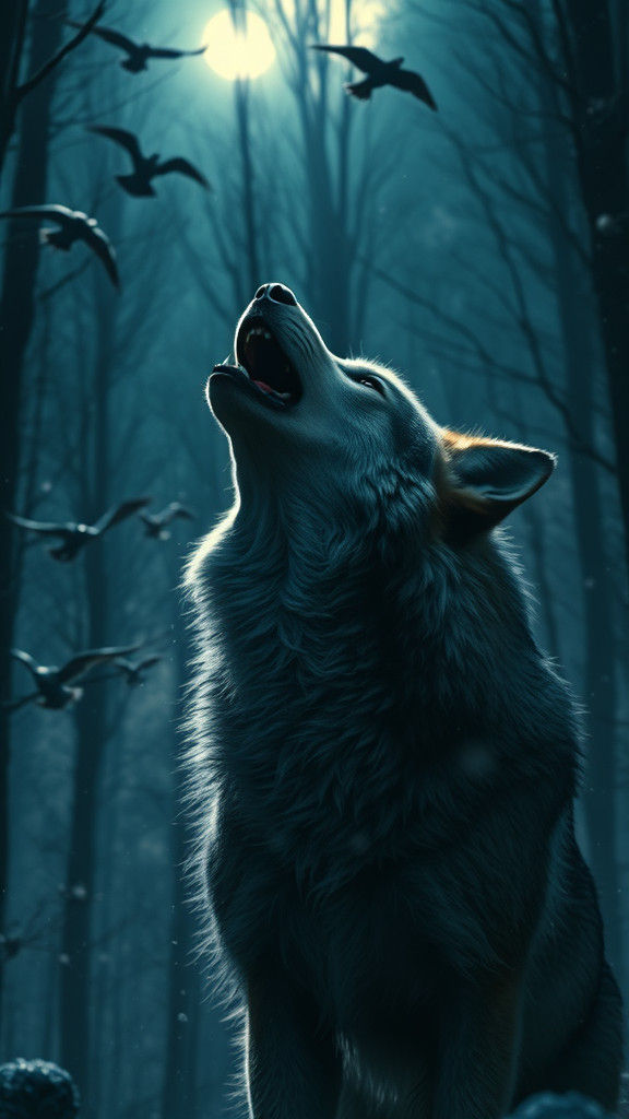 Confused Wolf Howling in Eerie Forest: Photorealistic Detail
