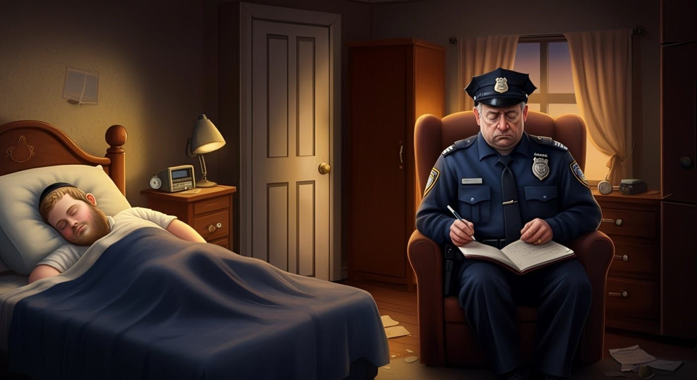 Comical Scene of a Sleeping Hasid and a Serious Police Offic...