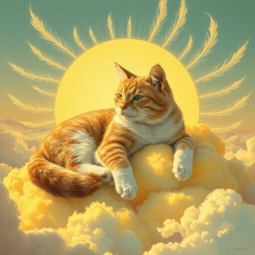 Celestial Cat Lounging on Clouds, Ethereal Art