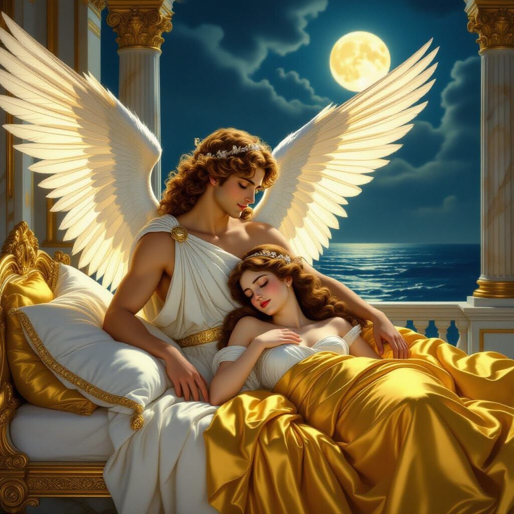 Cupid with White and Gold Wings Gazes at Psyche