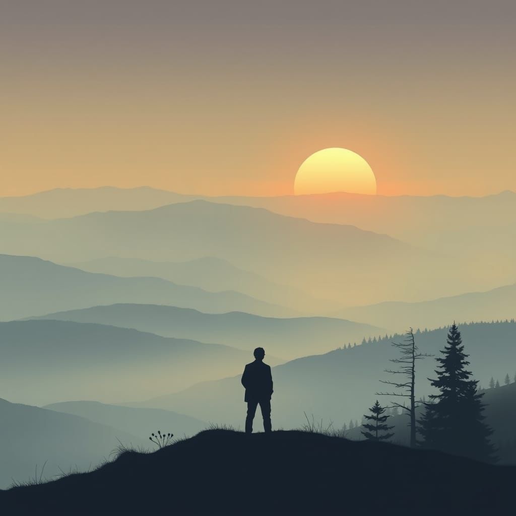 Misty Dawn Landscape in Retro Graphic Style