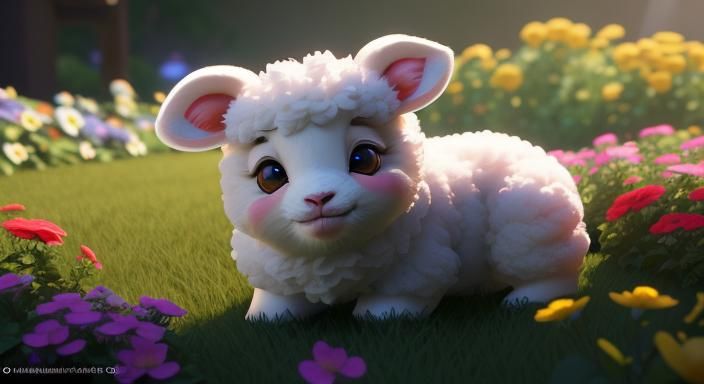 Cute Lamb Waving in Flower Bed, 3D Digital Art