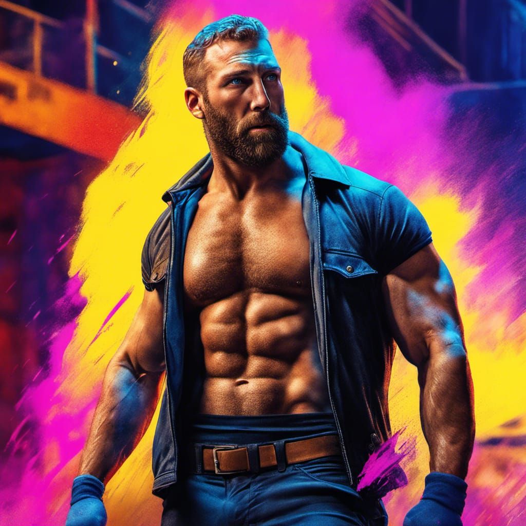 Hyperrealistic Bodybuilder Flexing in Splash Art Style