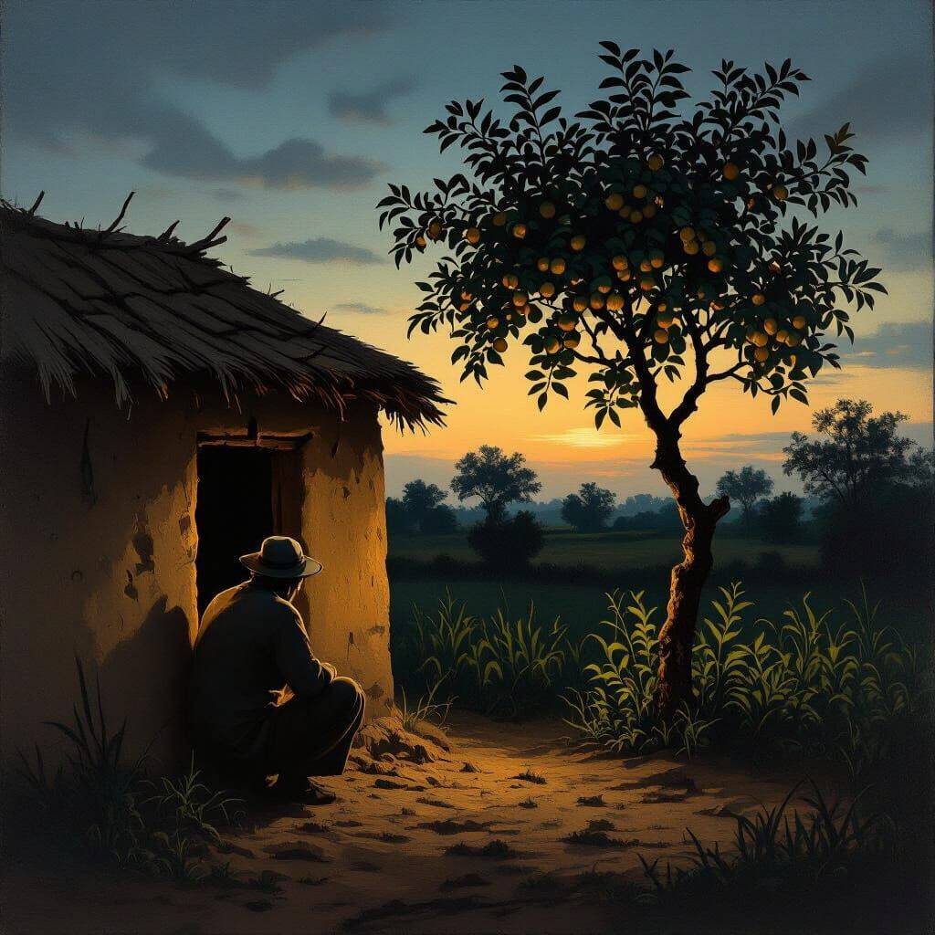 Farmer's Vigil: Guava Tree Watch at Dusk in Dutch Golden Age...