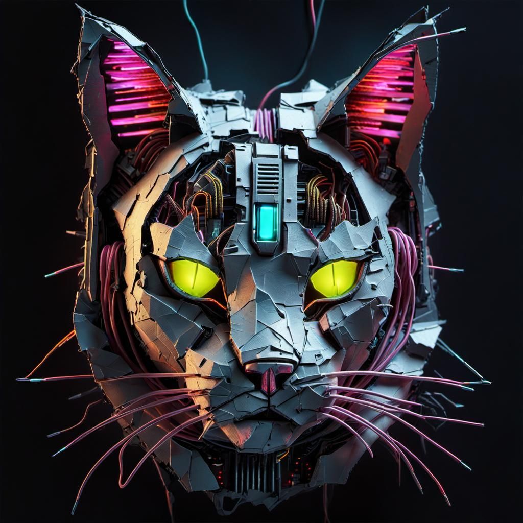Cyberpunk Cat Mixed Media Collage in 3D
