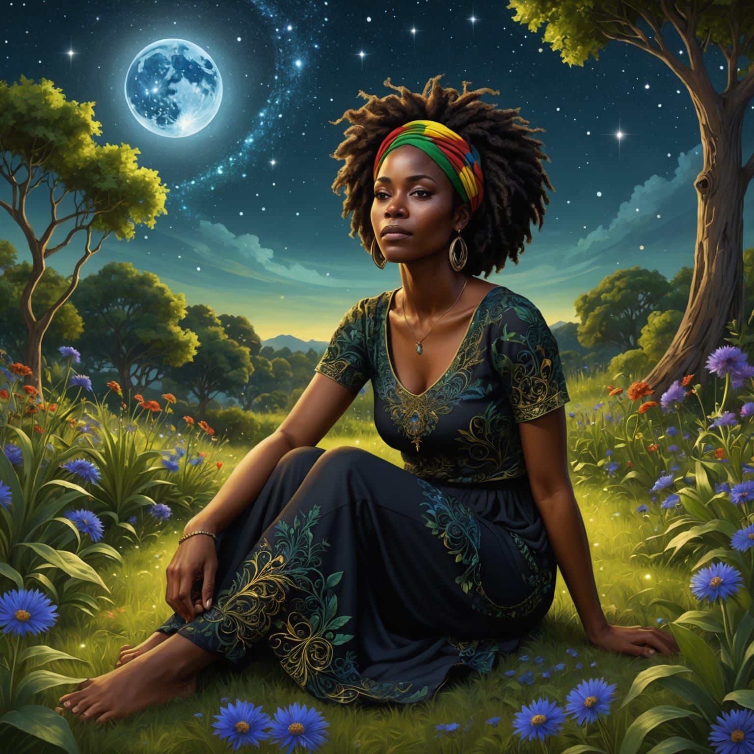 Serene Reggae Woman in Fractal Starry Garden