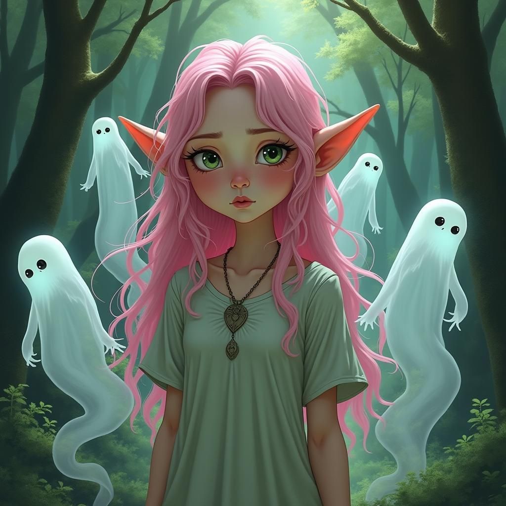 Pink-Haired Elf in Mystical Forest, Art Nouveau Style