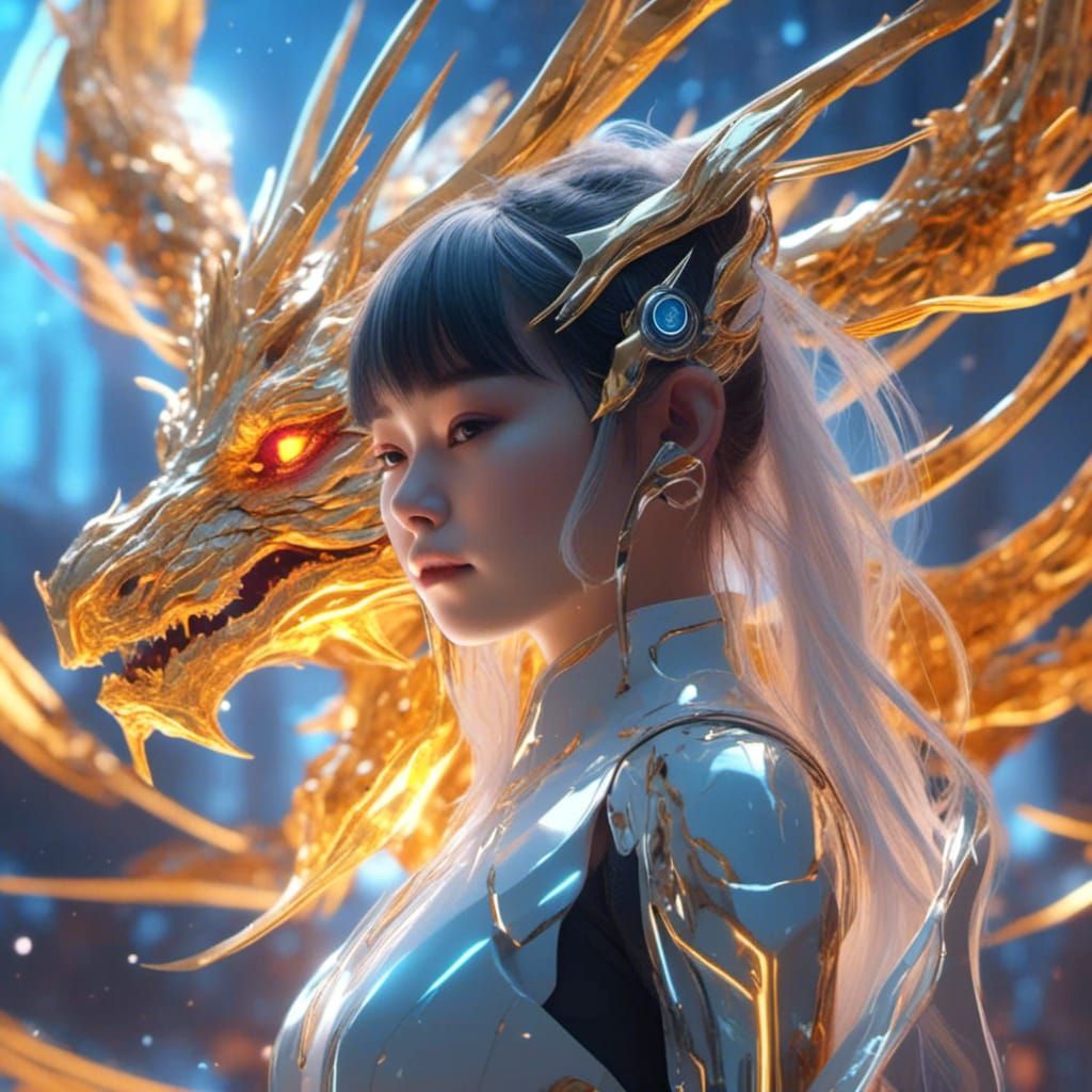 Cybernetic Dragon Woman Flying in Futuristic Anime Style