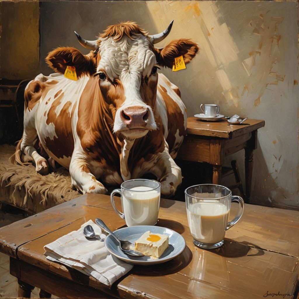 Cow at Table with Milk, Gurney-esque Oil Painting