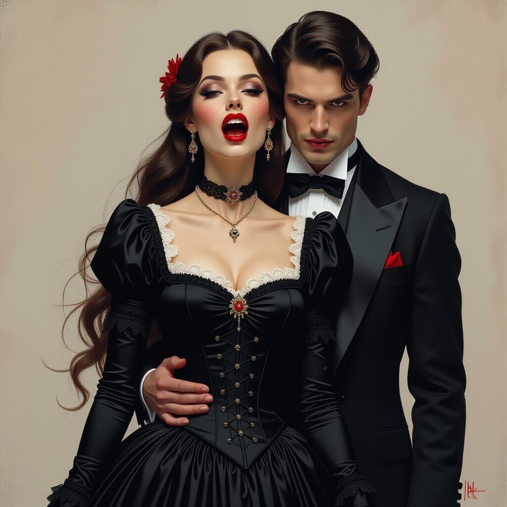 Vampire Woman About to Bite Man in Horror Realism Style