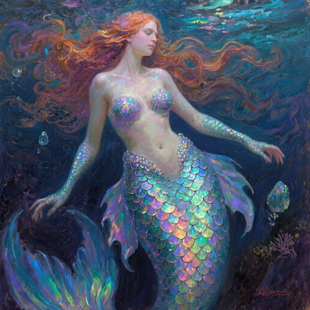 Oil Painting of a Mermaid with Iridescent Scales