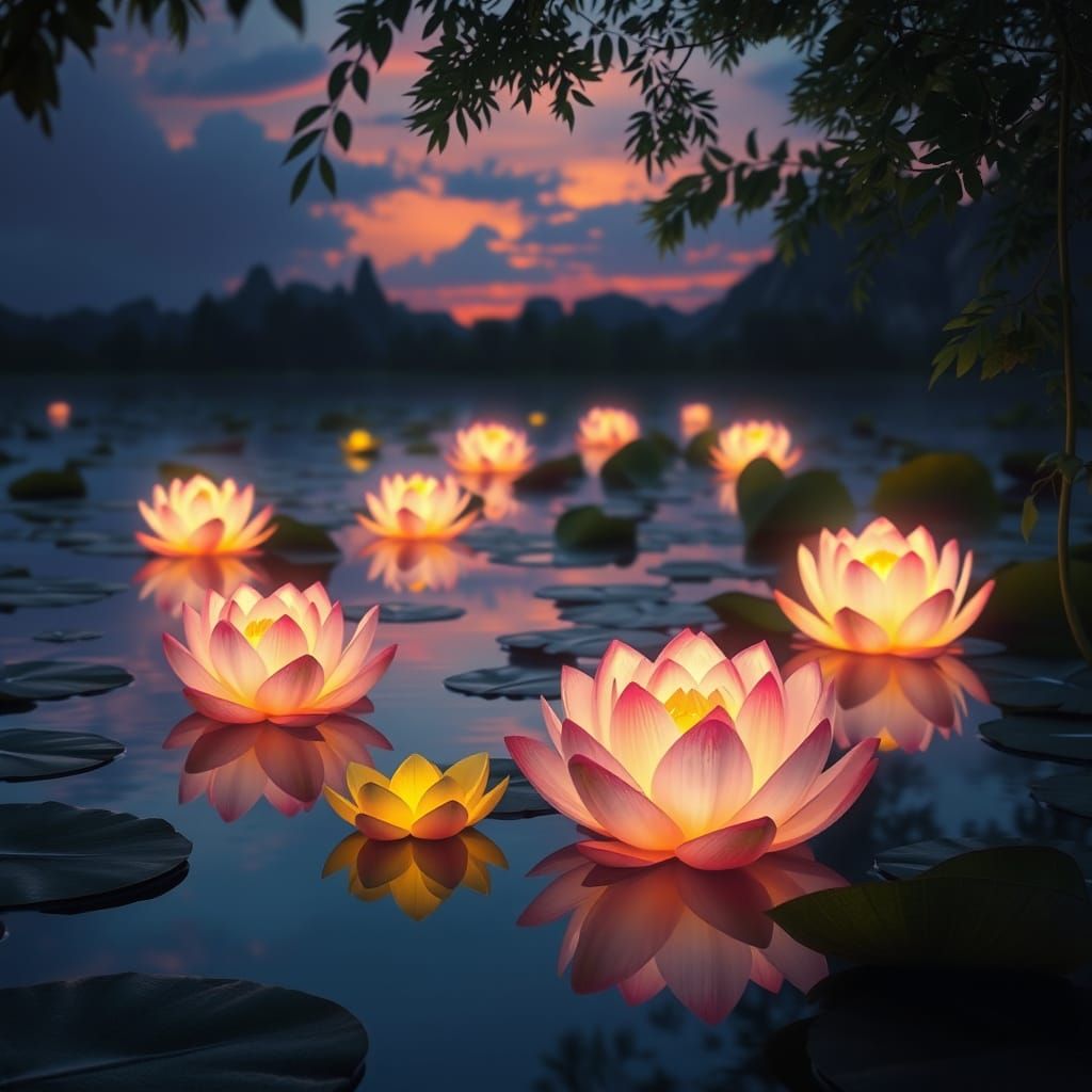 A serene pond scene at twilight, with glowing lotus flowers floating gently on the water's surface.